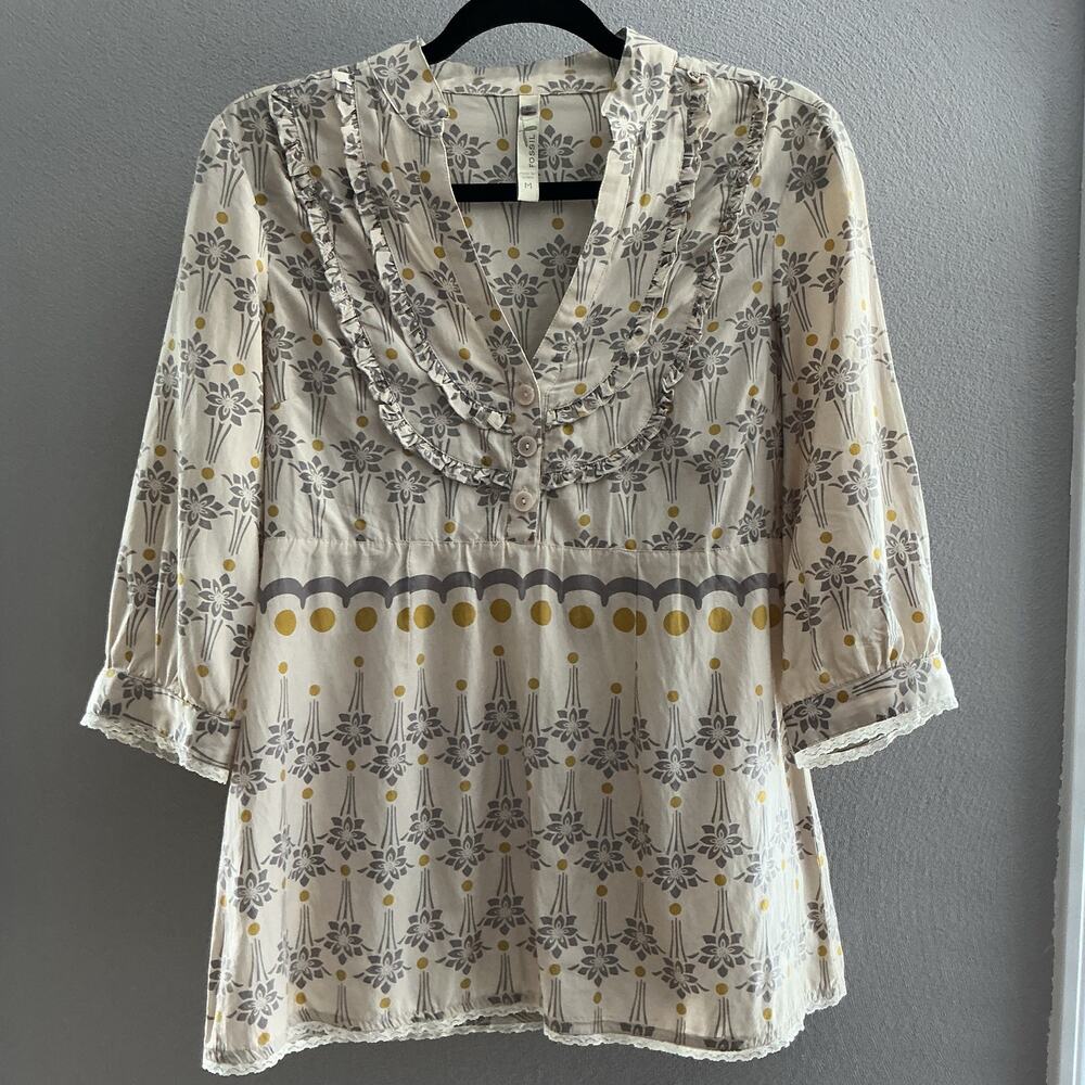 Fossil Gray‎ Yellow Pintuck Blouse Top Lace Trim Silk Cotton Medium
